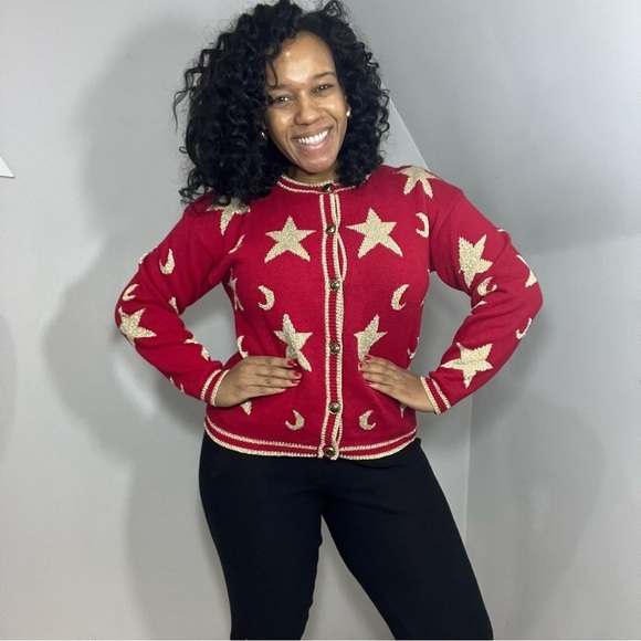 Vintage Americana Red Stars Sweater Patriotic Knit Cardigan Glitter Festive July - Picture 1 of 14